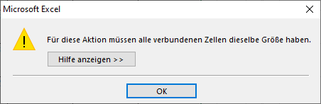 Für diese Aktion müssen alle verbundenen Zellen dieselbe Größe haben