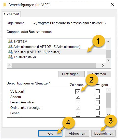 Benutzerrechte auf Vollzugriff ändern