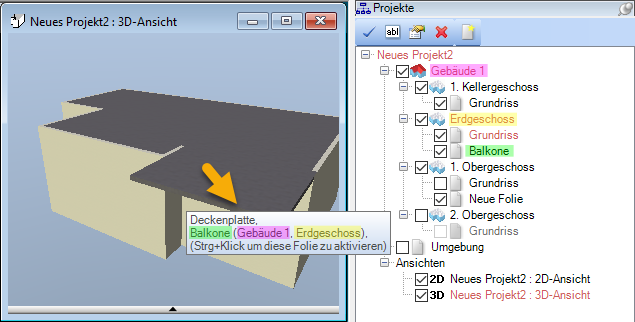 Zuordnung der Decke innerhalb des Projektbaumes feststellen
