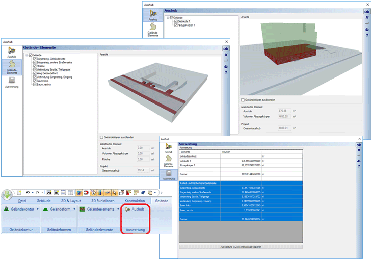 Evaluating excavation and areas in the terrain