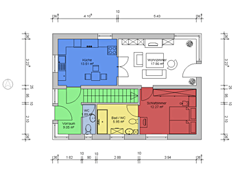 Exposéplan with dimensioning, calculation of the living area, sample equipment, colored walls, colored room surfaces