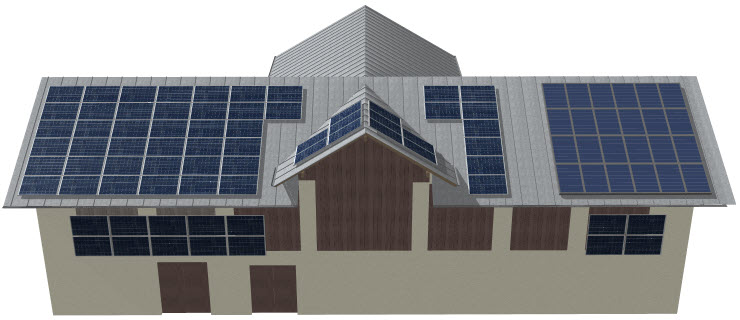 Solaranlage auf einem Dach. Die dargestellten Dachflächen beinhalten Photovoltaik Module und Solarmodule für die Warmwasseraufbereitung